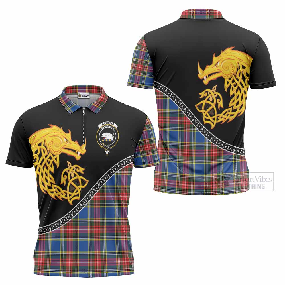 Bethune Tartan Crest Zipper Polo Shirt Legendary Dragon Knot Half Style