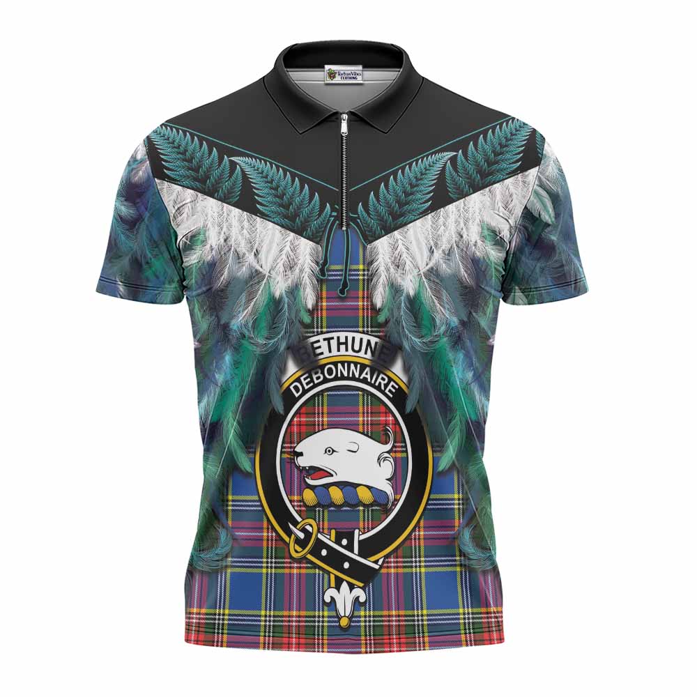 Bethune Tartan Crest Zipper Polo Shirt New Zealand Maori Korowai Cloak