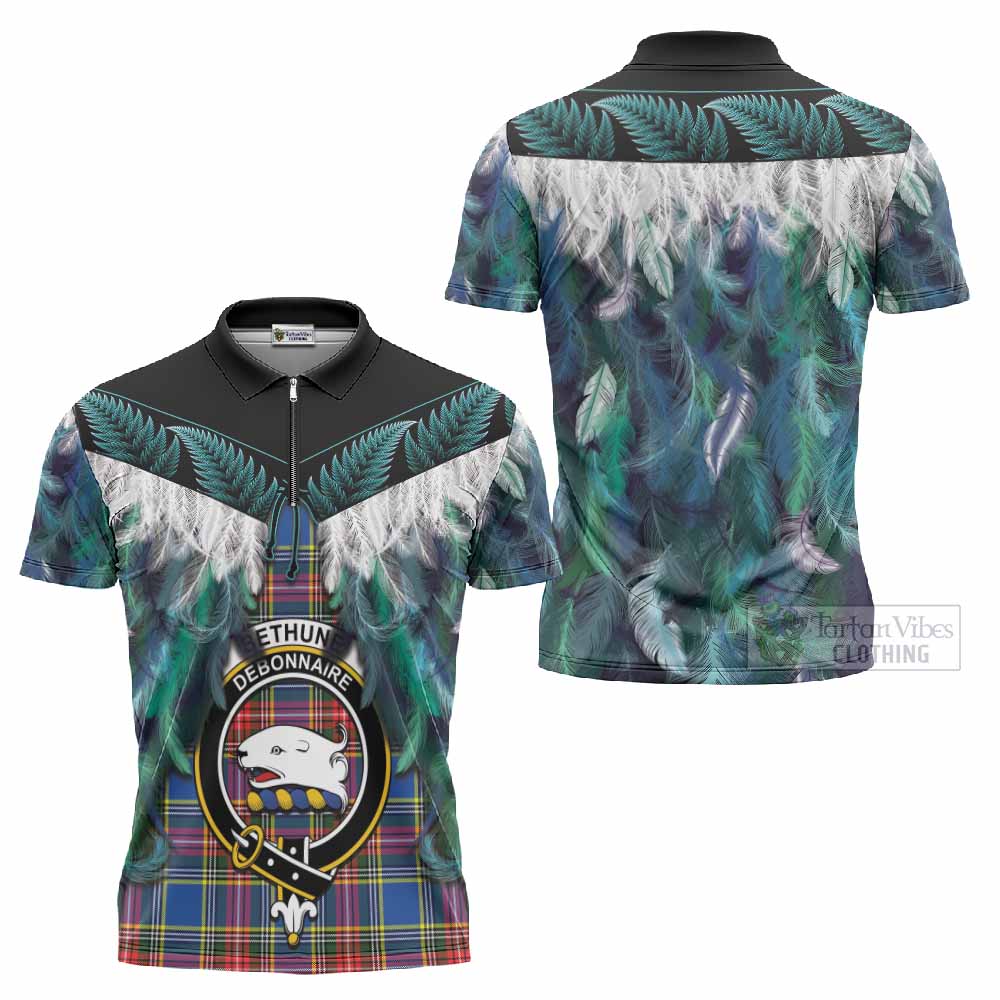 Bethune Tartan Crest Zipper Polo Shirt New Zealand Maori Korowai Cloak