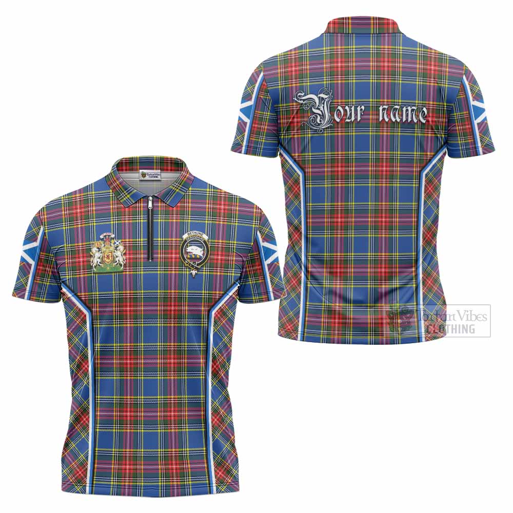 Bethune Tartan Crest Zipper Polo Shirt Scotland Coat of Arm Flag Style - Tartan Vibes Clothing