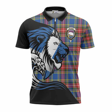 Bethune Tartan Crest Zipper Polo Shirt Scottish Golden Lions Wave Flow