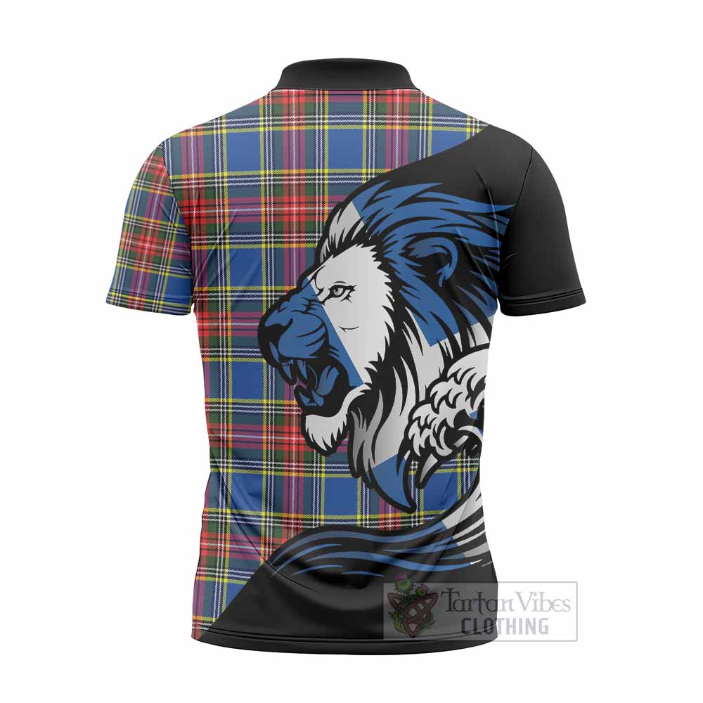 Bethune Tartan Crest Zipper Polo Shirt Scottish Golden Lions Wave Flow