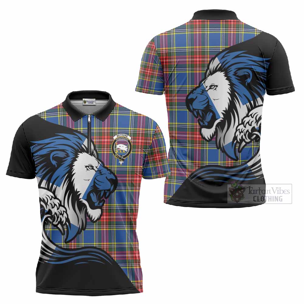 Bethune Tartan Crest Zipper Polo Shirt Scottish Golden Lions Wave Flow