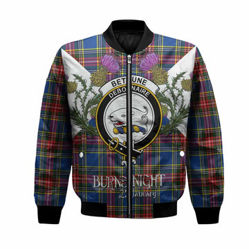 Bethune Tartan Family Crest Bomber Jacket Scottish Burns Night Thistle Floral