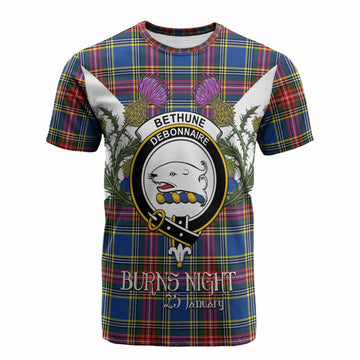 Bethune Tartan Family Crest Cotton T-shirt Scottish Burns Night Thistle Floral
