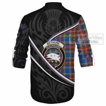 Bethune Tartan Family Crest Ghillie Kilt Shirt Celtic Scottish Thistle Floral