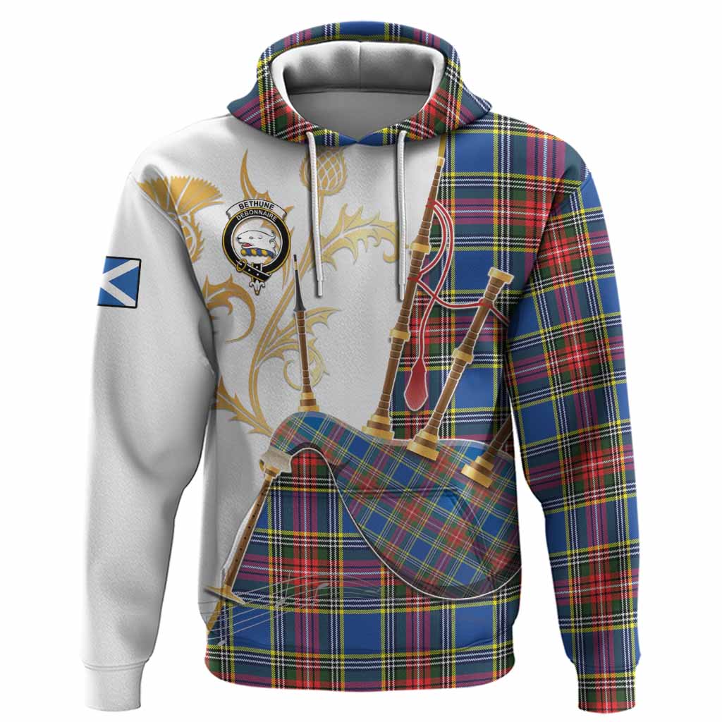 Bethune Tartan Family Crest Hoodie Bagpipes with Scottish Thistle