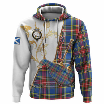 Bethune Tartan Family Crest Hoodie Bagpipes with Scottish Thistle