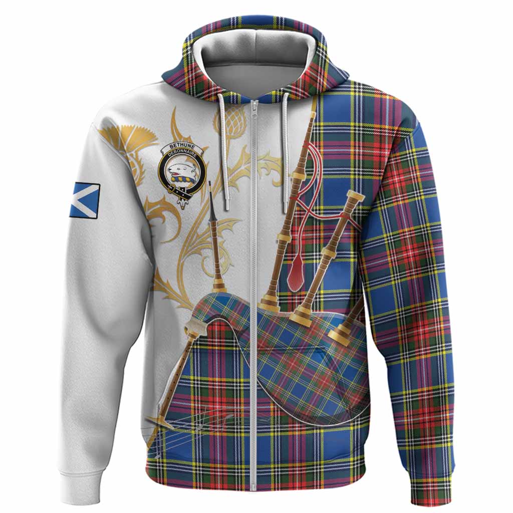 Bethune Tartan Family Crest Hoodie Bagpipes with Scottish Thistle