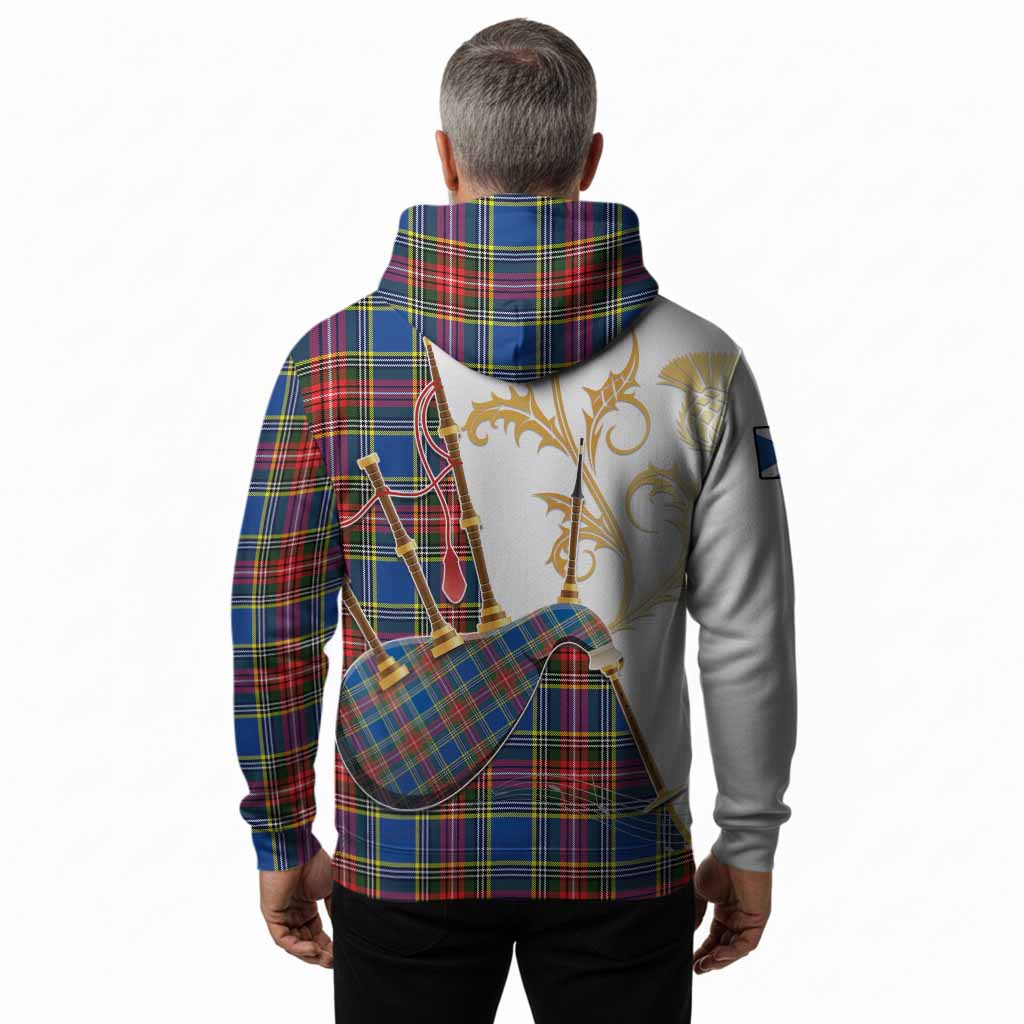 Bethune Tartan Family Crest Hoodie Bagpipes with Scottish Thistle