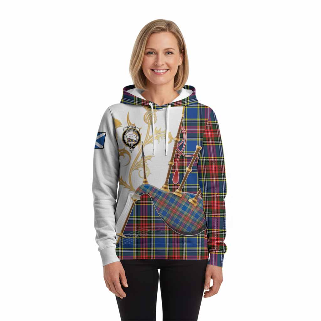 Bethune Tartan Family Crest Hoodie Bagpipes with Scottish Thistle