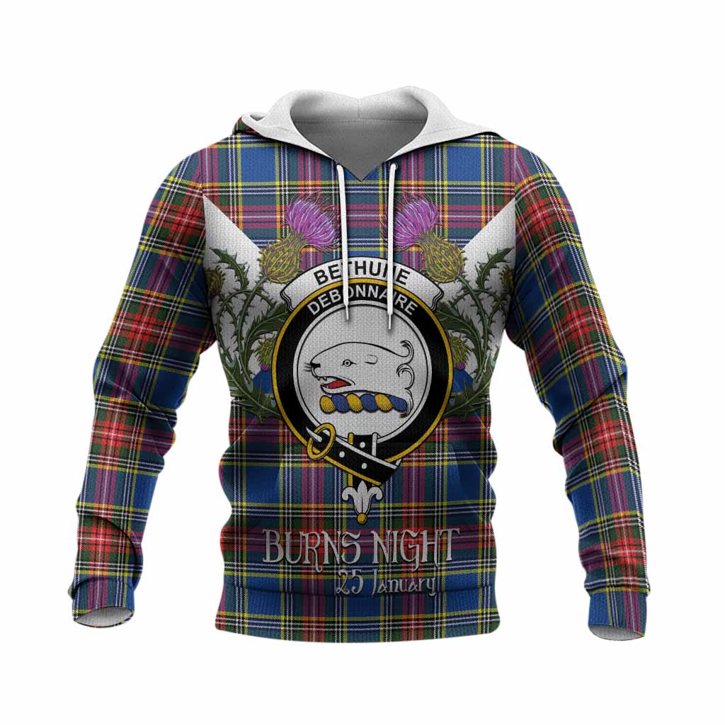 Bethune Tartan Family Crest Knitted Hoodie Scottish Burns Night Thistle Floral