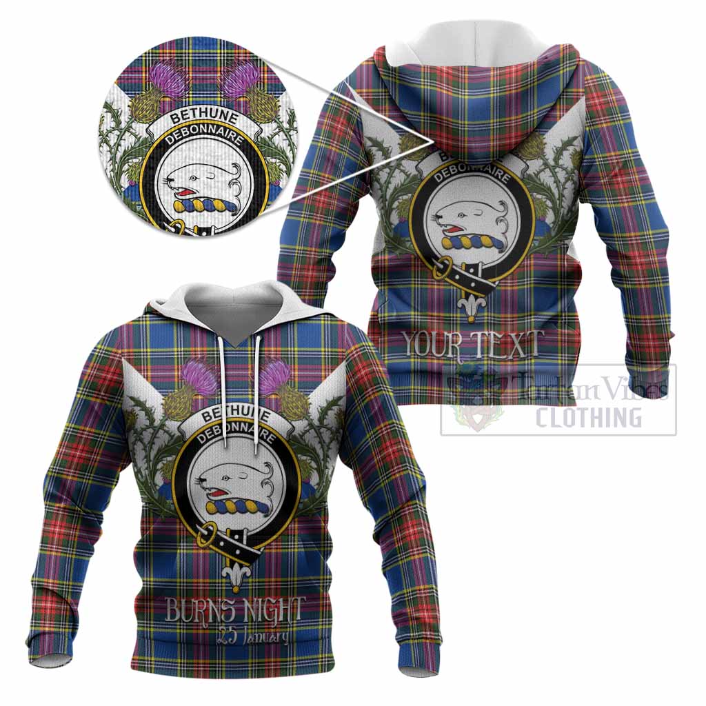 Bethune Tartan Family Crest Knitted Hoodie Scottish Burns Night Thistle Floral