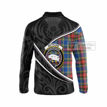 Bethune Tartan Family Crest Long Sleeve Polo Shirt Celtic Scottish Thistle Floral