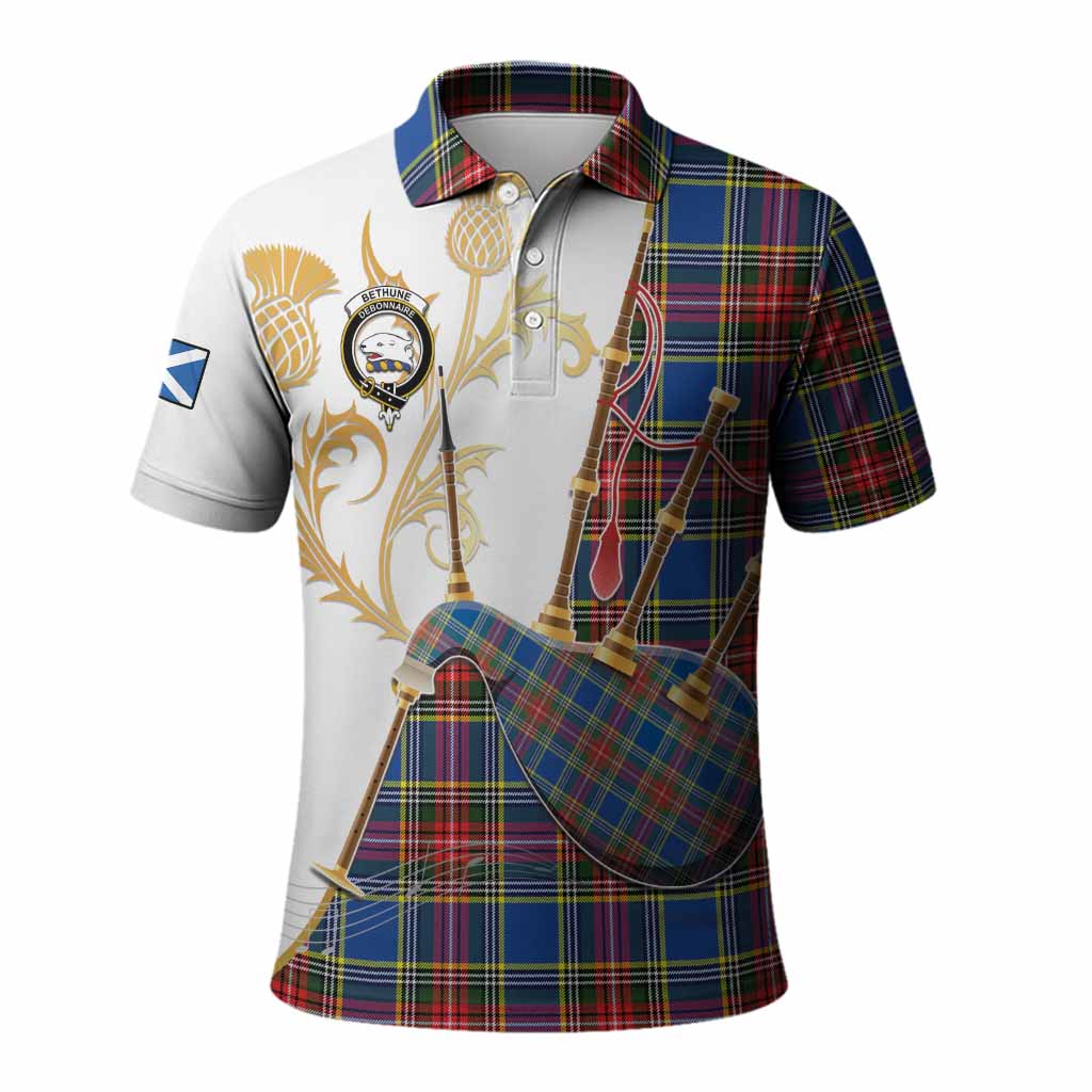 Bethune Tartan Family Crest Polo Shirt Bagpipes with Scottish Thistle