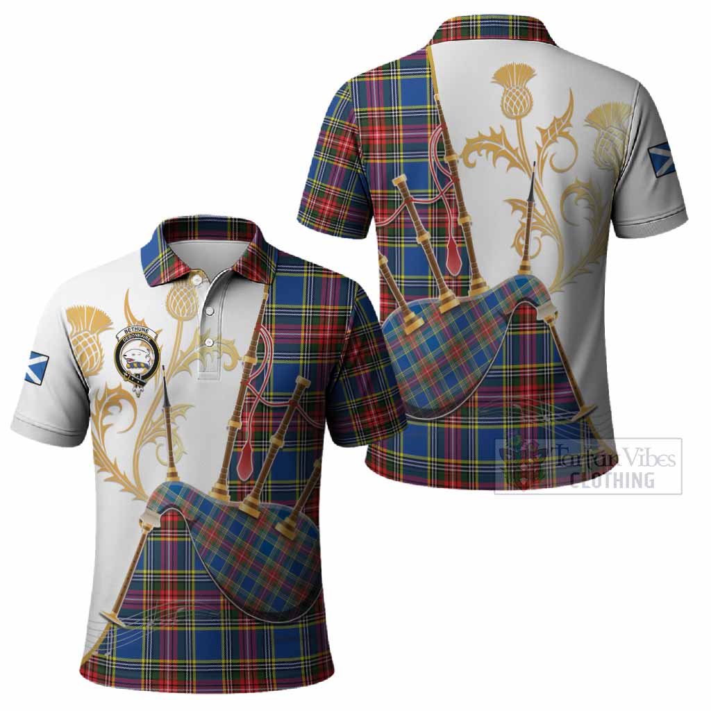 Bethune Tartan Family Crest Polo Shirt Bagpipes with Scottish Thistle