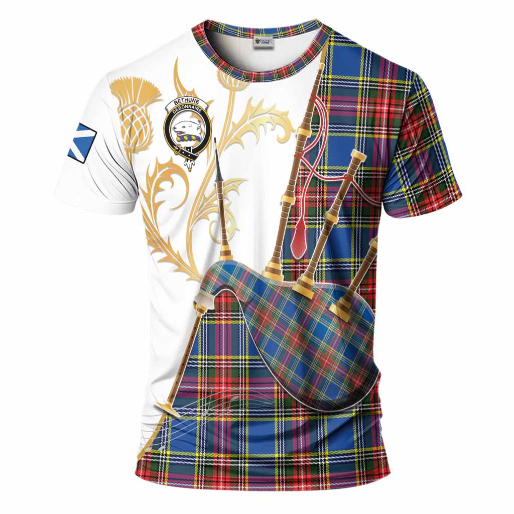 Bethune Tartan Family Crest T-Shirt Bagpipes with Scottish Thistle