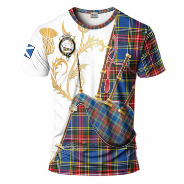 Bethune Tartan Family Crest T-Shirt Bagpipes with Scottish Thistle