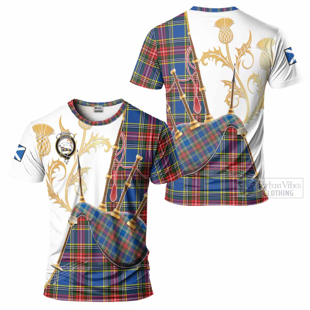Bethune Tartan Family Crest T-Shirt Bagpipes with Scottish Thistle