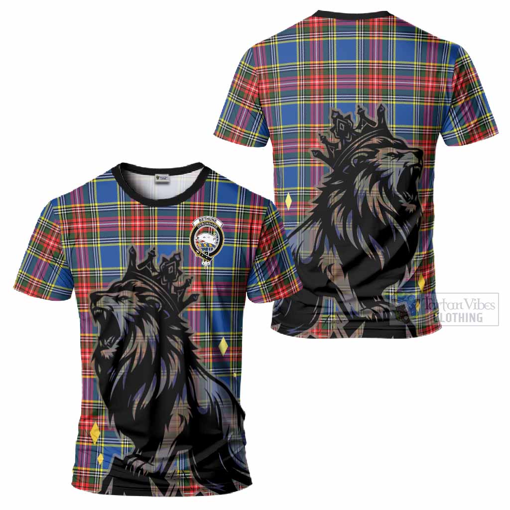 Bethune Tartan Family Crest T-Shirt Crowned Lion Roaring
