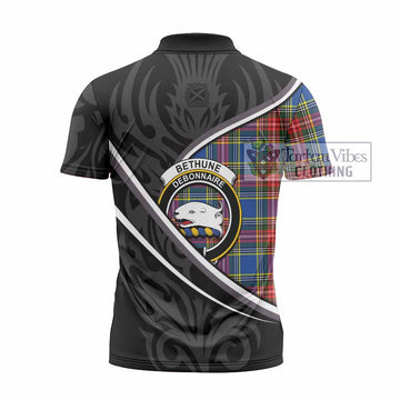 Bethune Tartan Family Crest Zipper Polo Shirt Celtic Scottish Thistle Floral