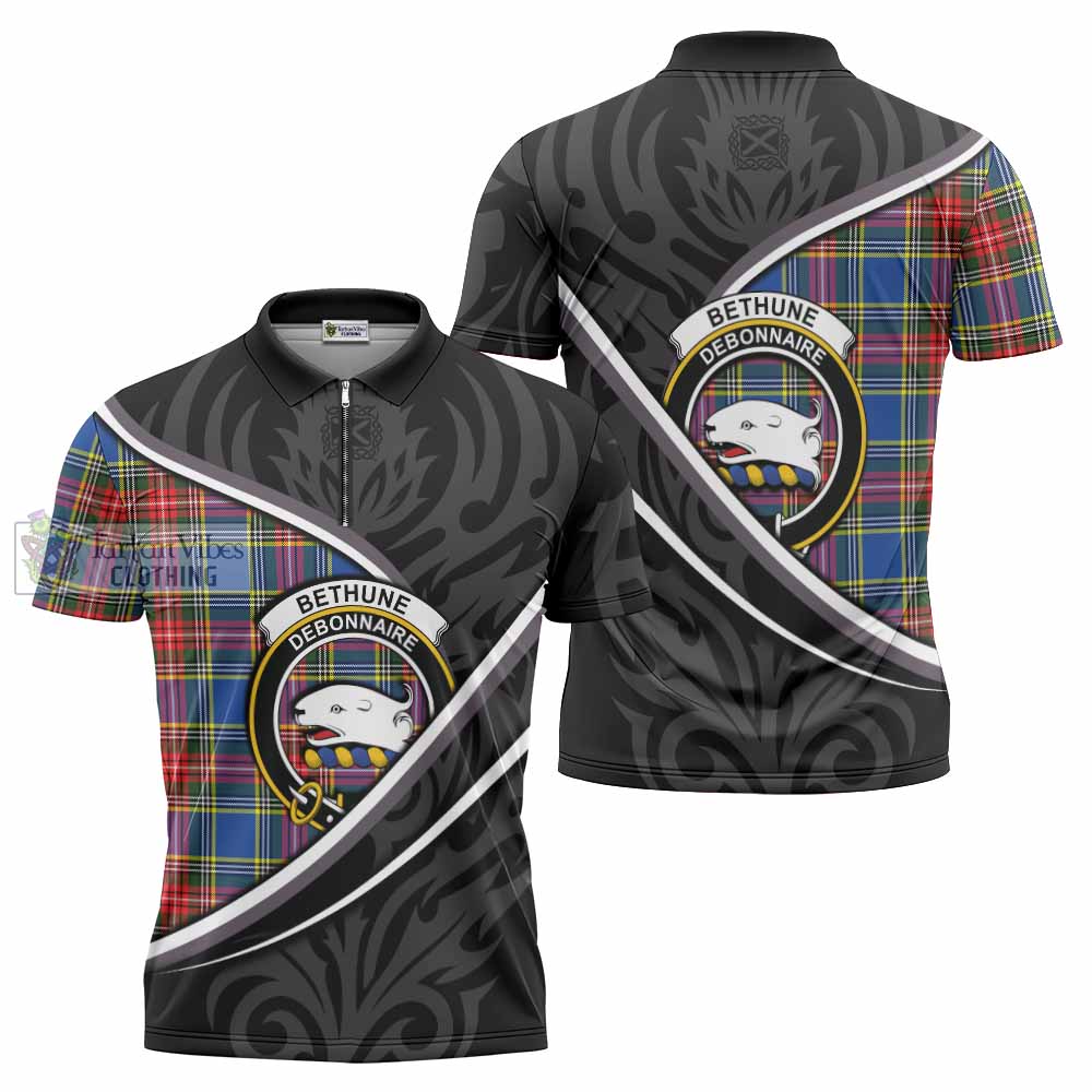 Bethune Tartan Family Crest Zipper Polo Shirt Celtic Scottish Thistle Floral - Tartan Vibes Clothing