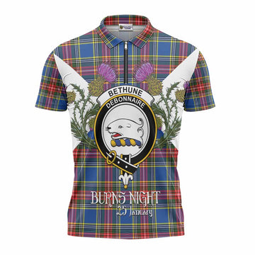 Bethune Tartan Family Crest Zipper Polo Shirt Scottish Burns Night Thistle Floral