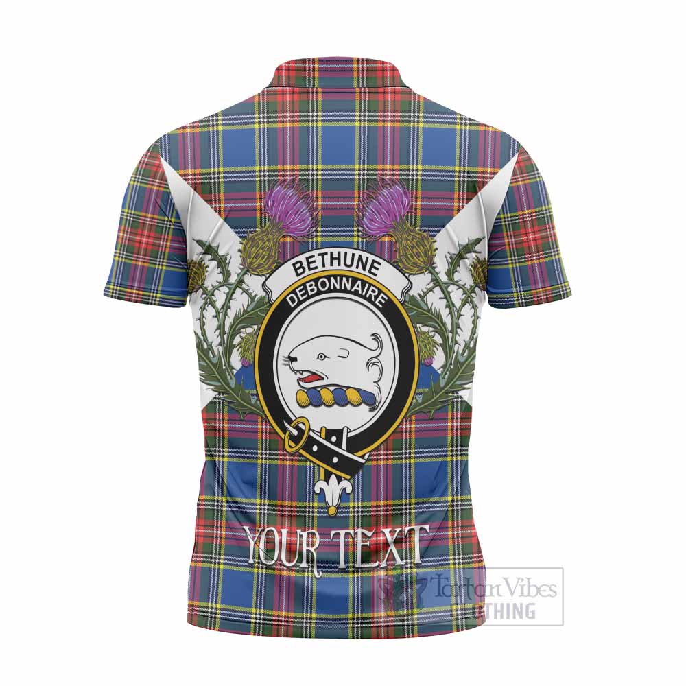 Bethune Tartan Family Crest Zipper Polo Shirt Scottish Burns Night Thistle Floral