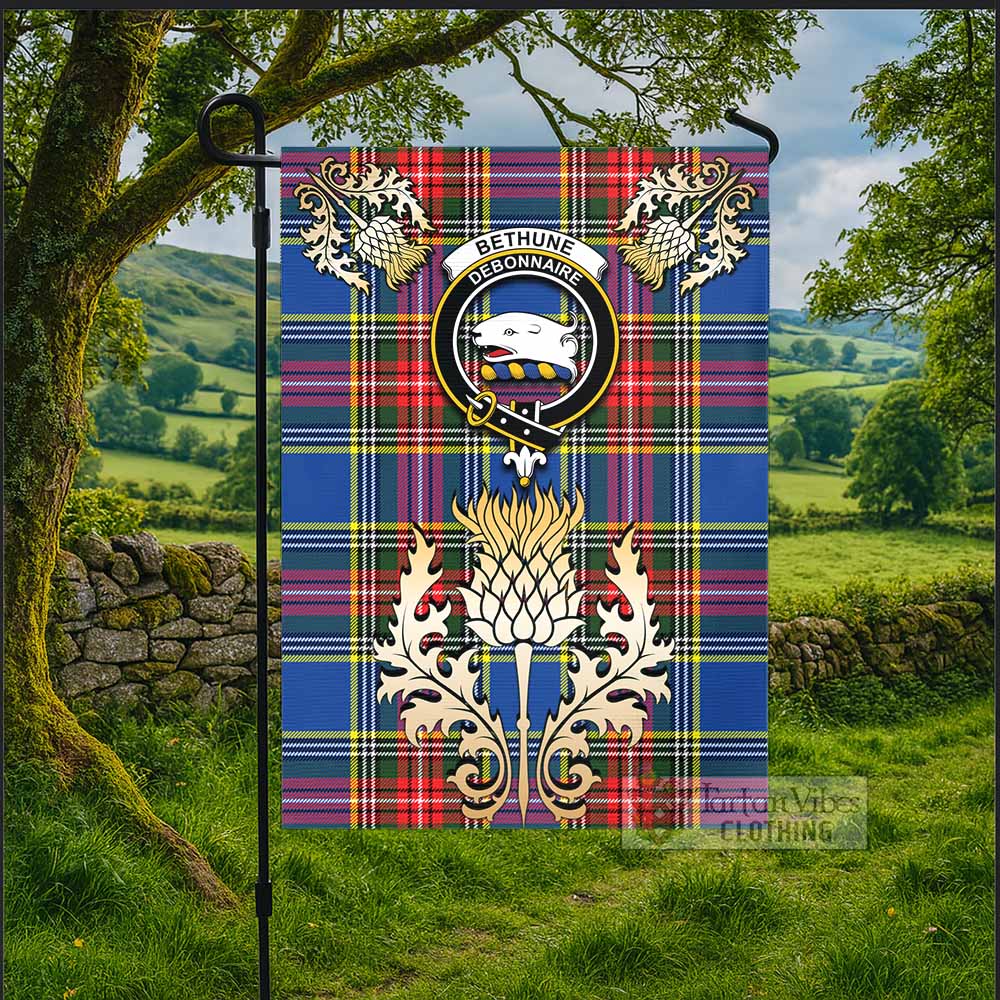 Bethune Tartan Garden Flag with Golden Regal Scottish Thistle Emblem - Tartan Vibes Clothing