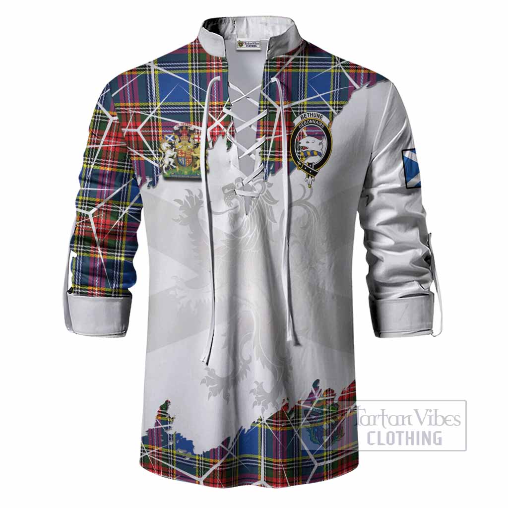 Bethune Tartan Ghillie Shirt with Family Crest and Lion Rampant Grunge Style