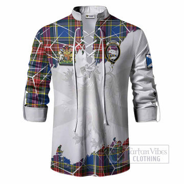 Bethune Tartan Ghillie Shirt with Family Crest and Lion Rampant Grunge Style