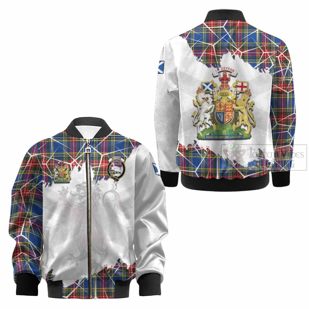 Bethune Tartan Kid Bomber Jacket with Family Crest and Lion Rampant Grunge Style