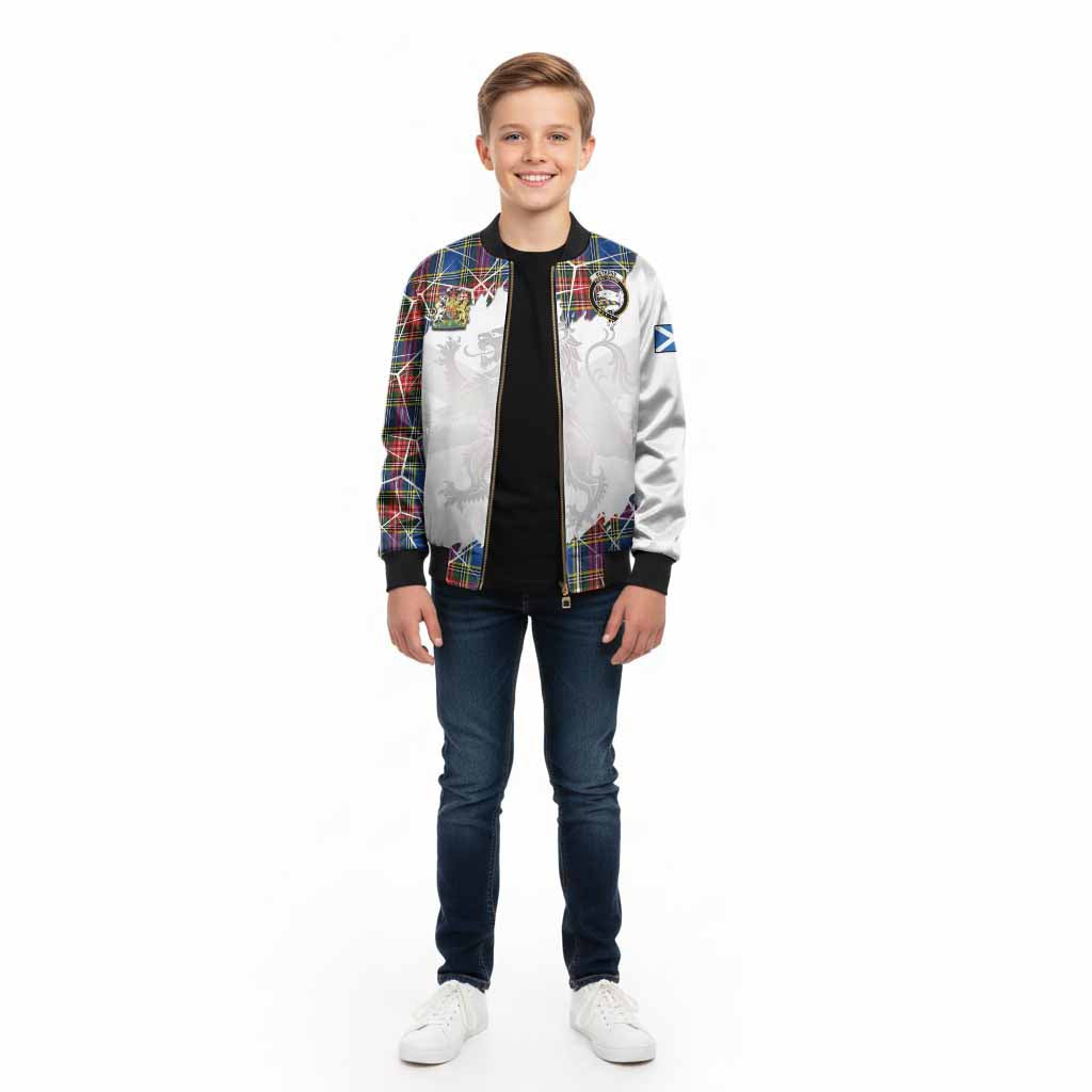 Bethune Tartan Kid Bomber Jacket with Family Crest and Lion Rampant Grunge Style