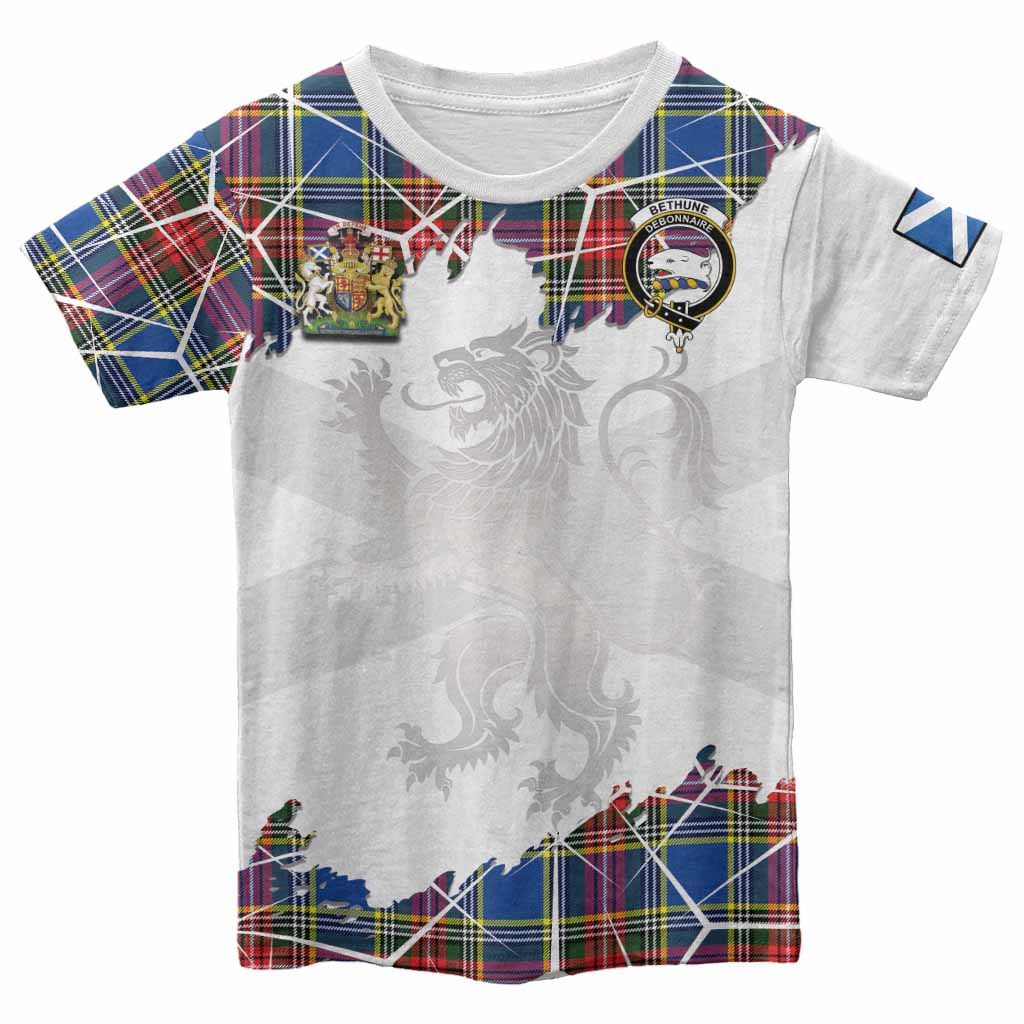 Bethune Tartan Kid T-shirt with Family Crest and Lion Rampant Grunge Style