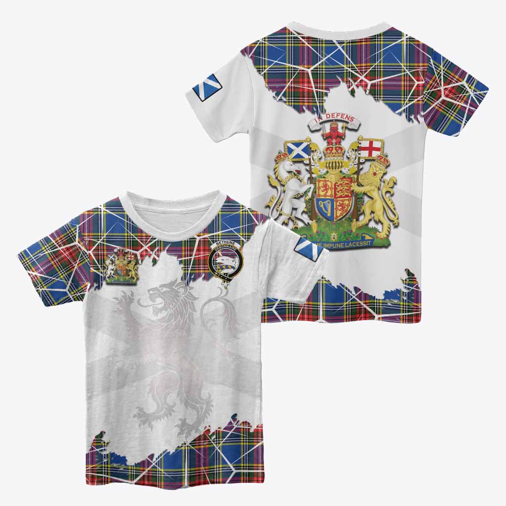 Bethune Tartan Kid T-shirt with Family Crest and Lion Rampant Grunge Style