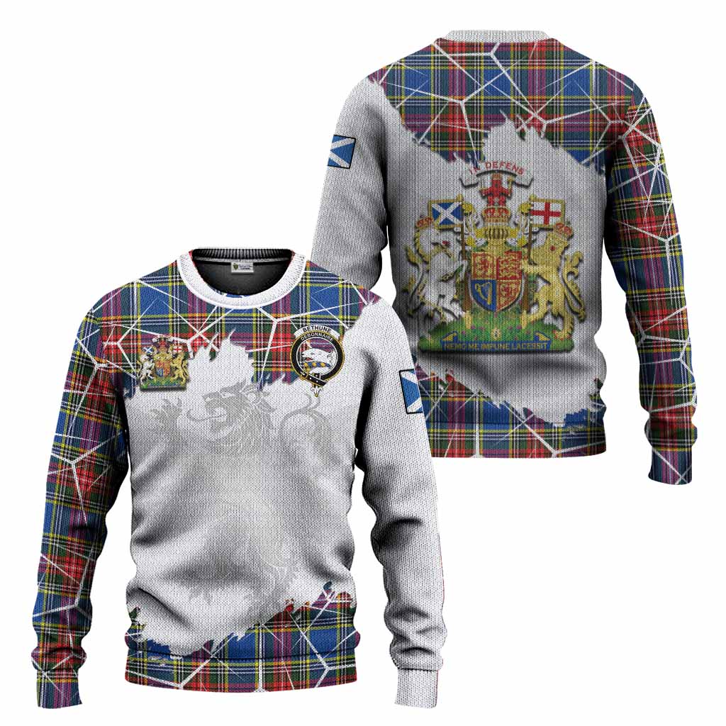 Bethune Tartan Knitted Sweater with Family Crest and Lion Rampant Grunge Style