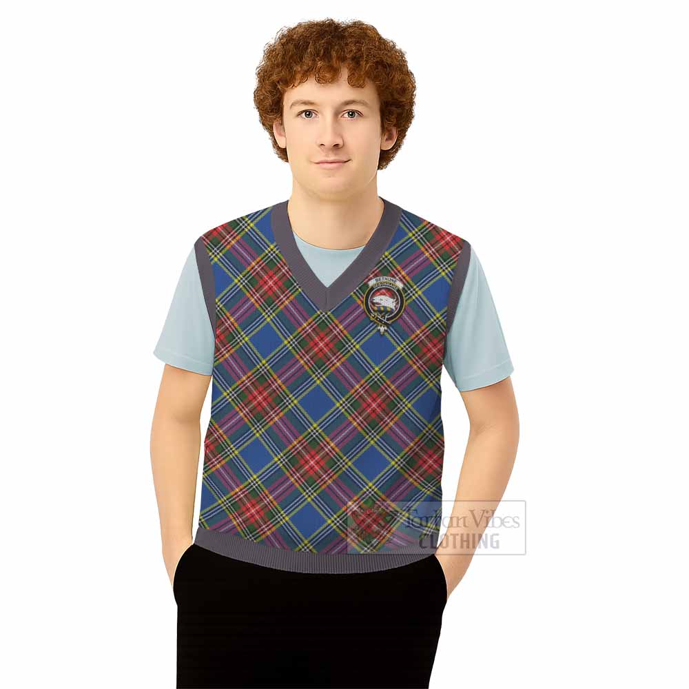 Bethune Tartan Knitted V-Neck Vest with Family Crest Cross Style