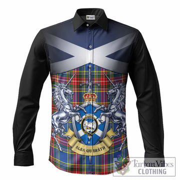 Bethune Tartan Long Sleeve Button Shirts Alba Gu Brath Unicorn Crest