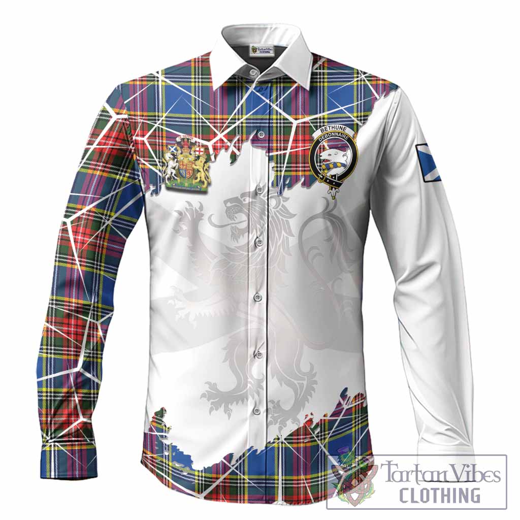 Bethune Tartan Long Sleeve Button Shirts with Family Crest and Lion Rampant Grunge Style