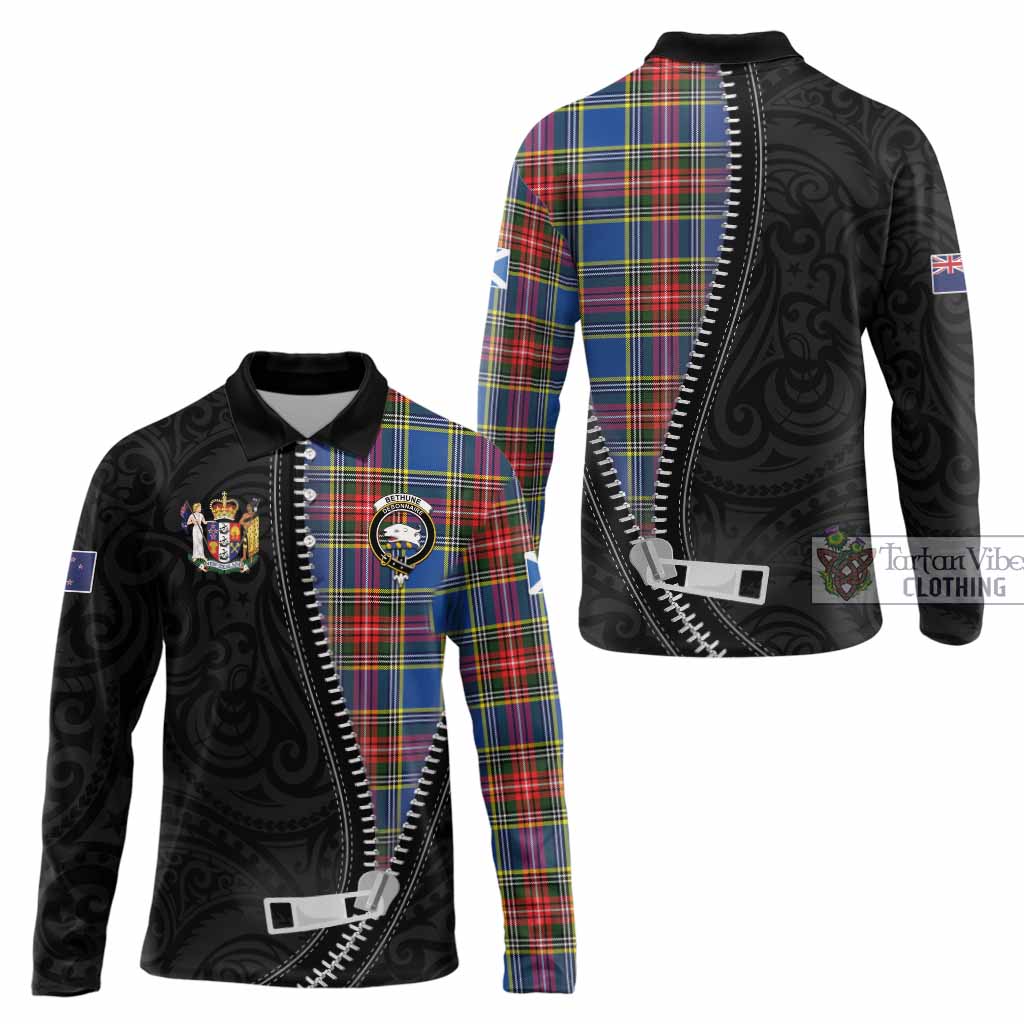 Bethune Tartan Long Sleeve Polo Shirt New Zealand Pattern Unique Zipper Stylized