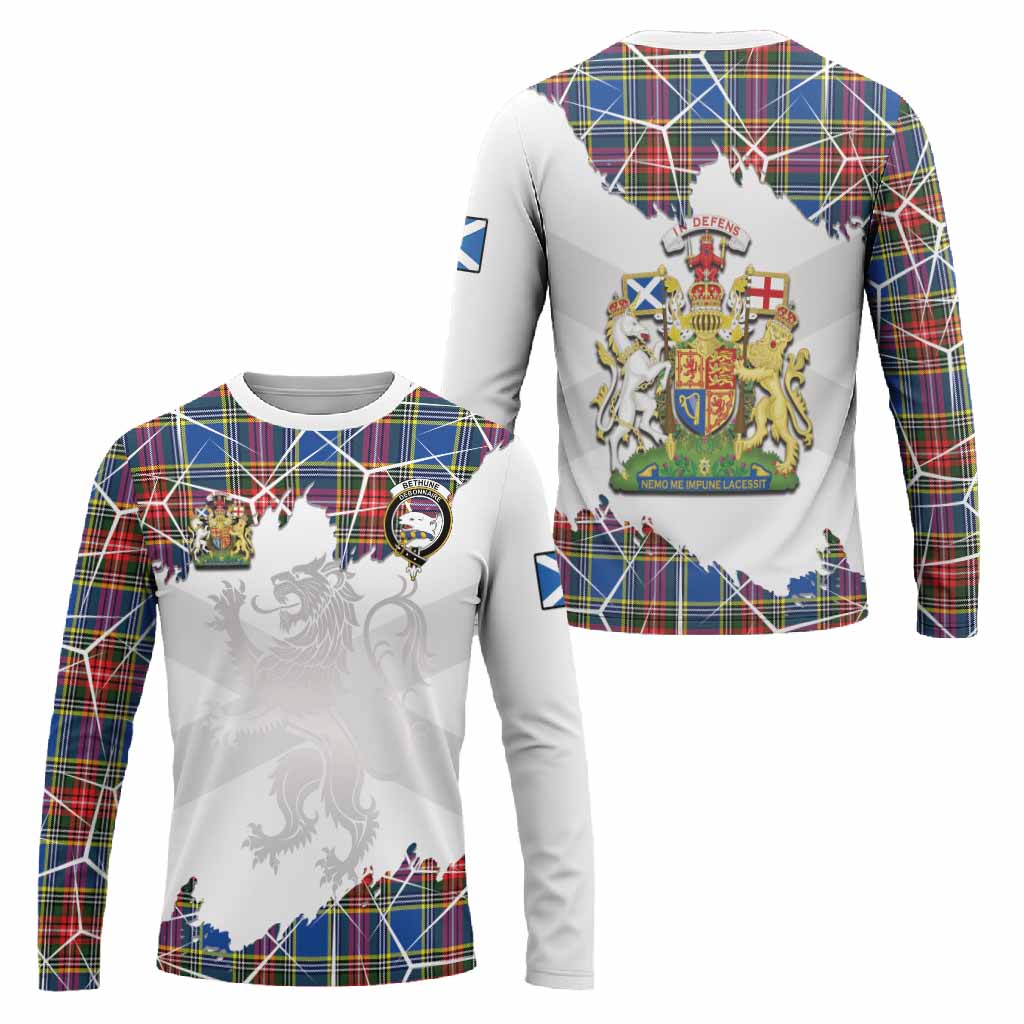 Bethune Tartan Long Sleeve T-Shirt with Family Crest and Lion Rampant Grunge Style