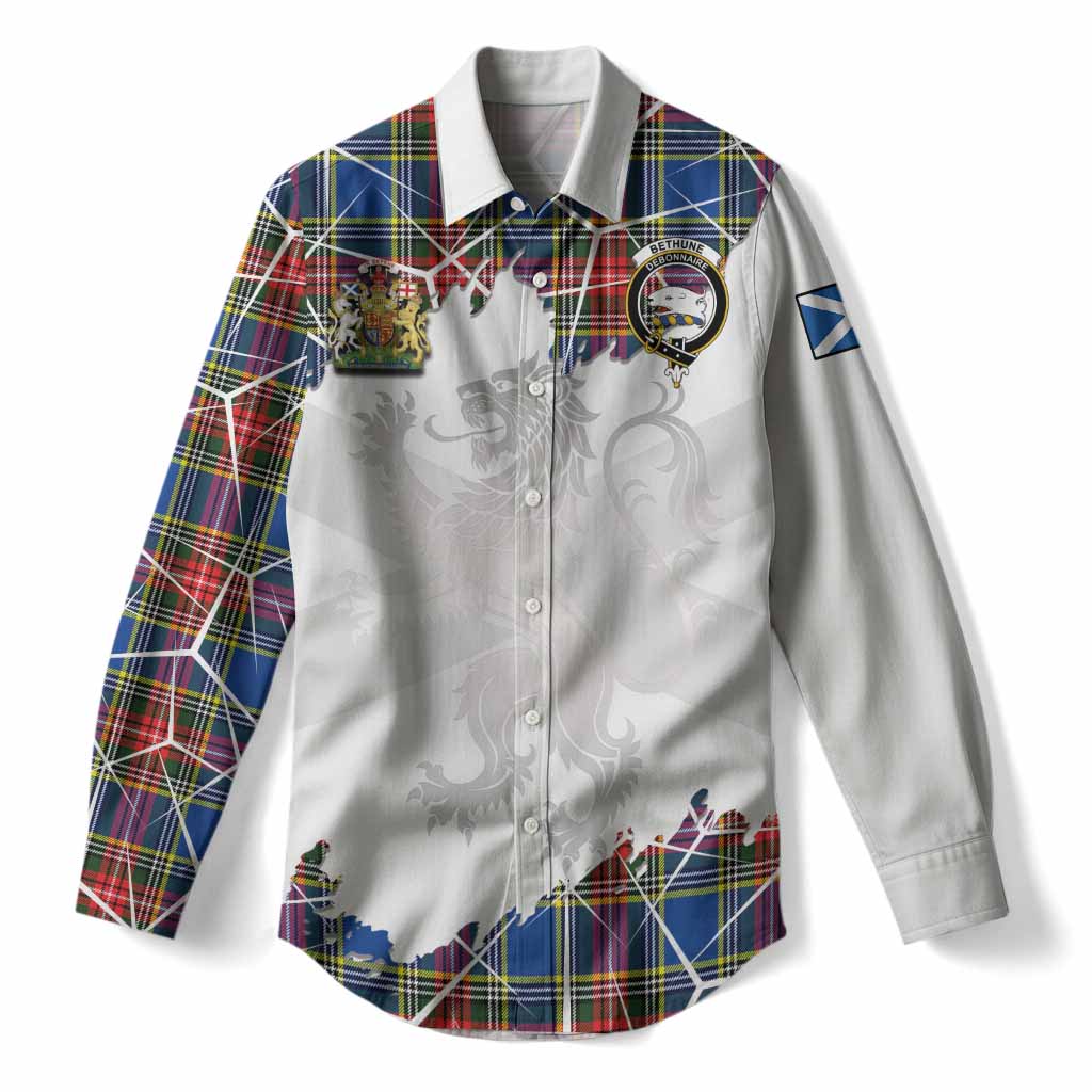 Bethune Tartan Women Casual Shirt with Family Crest and Lion Rampant Grunge Style