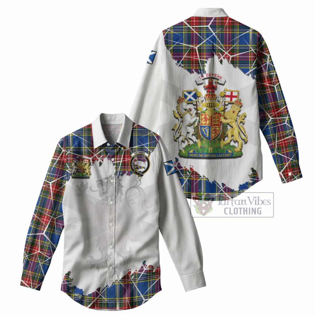 Bethune Tartan Women Casual Shirt with Family Crest and Lion Rampant Grunge Style