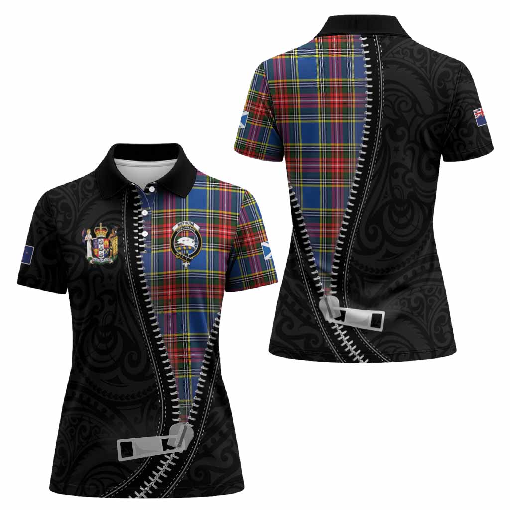 Bethune Tartan Women Polo Shirt New Zealand Pattern Unique Zipper Stylized