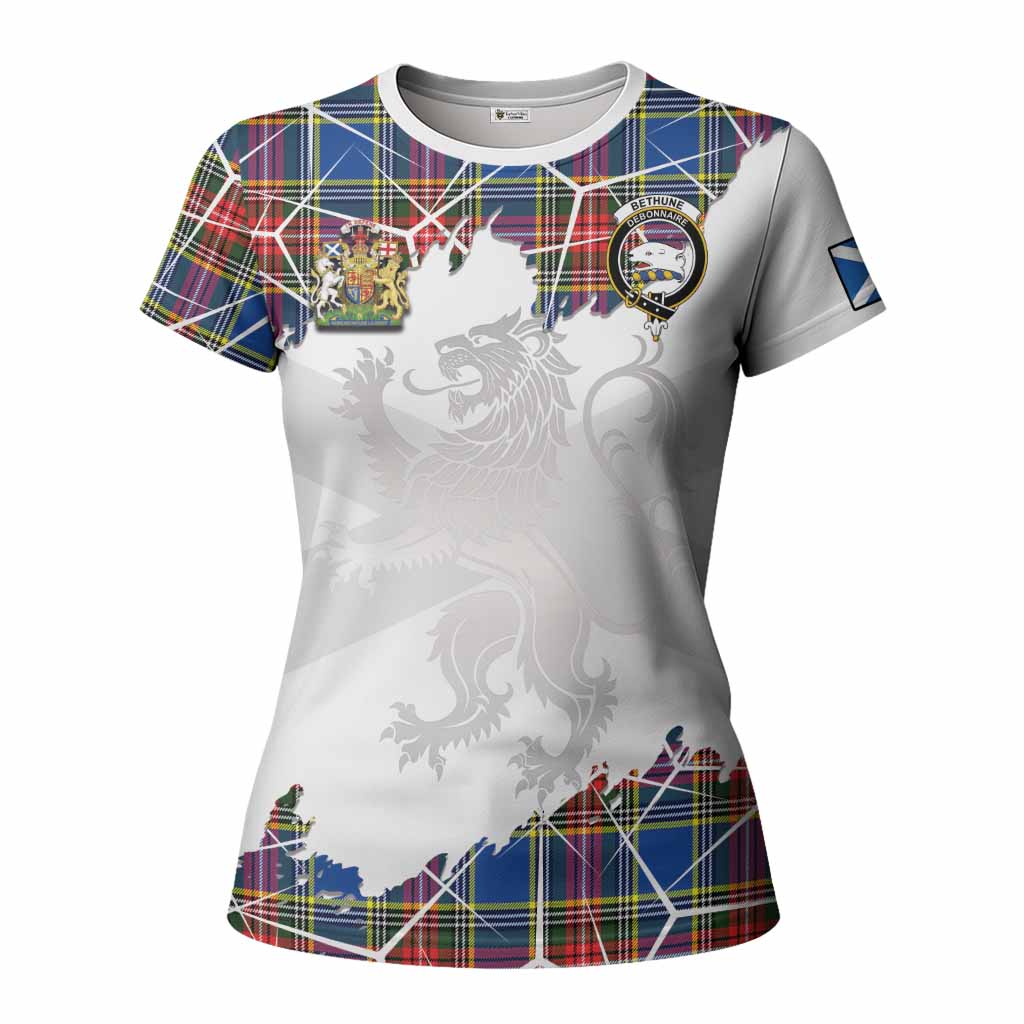 Bethune Tartan Women T shirt with Family Crest and Lion Rampant Grunge Style