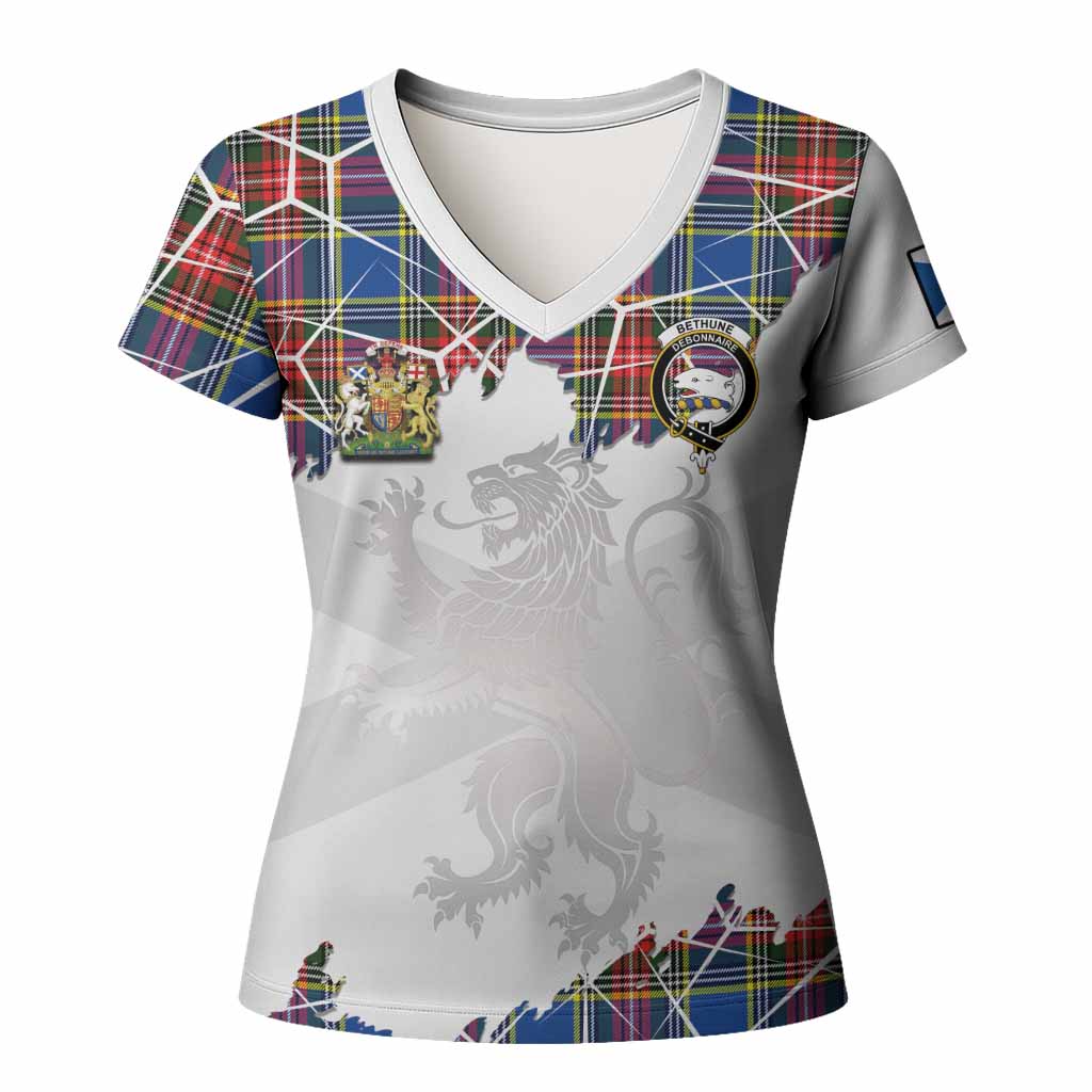 Bethune Tartan Women T shirt with Family Crest and Lion Rampant Grunge Style