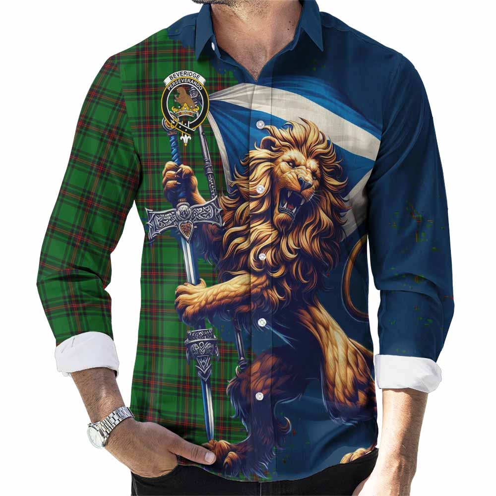 Beveridge Tartan Family Crest Long Sleeve Button Shirt with Scottish Majestic Lion Men's Shirt S - Tartan Vibes Clothing