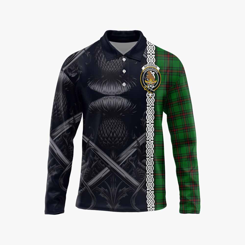 Beveridge Tartan Long Sleeve Polo Shirt with Family Crest Cross Sword Thistle Celtic Vibes Unisex - Tartan Vibes Clothing