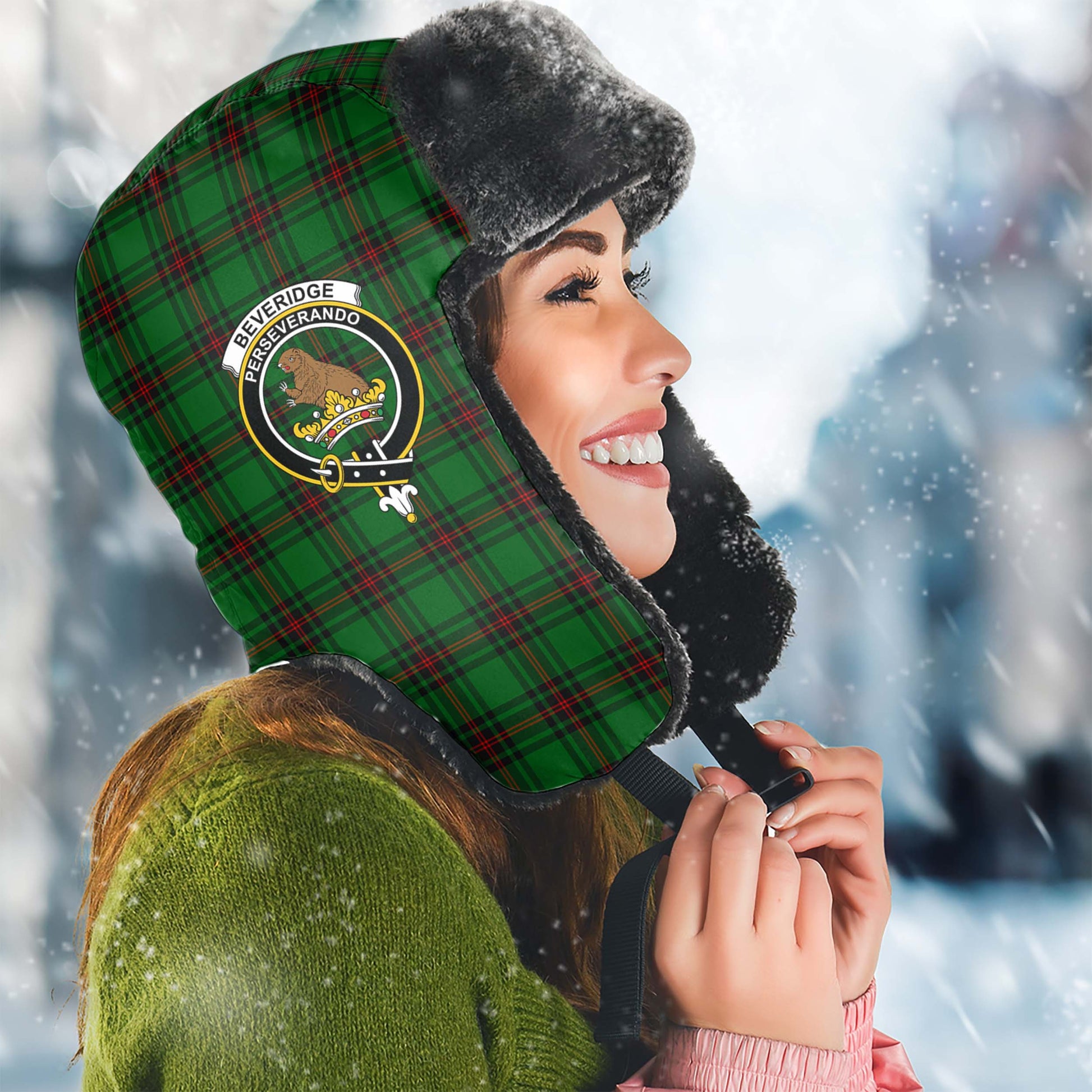 Beveridge Tartan Winter Trapper Hat with Family Crest Winter Trapper Hat Universal Fit Circumference 22.8in (58cm) - Tartan Vibes Clothing