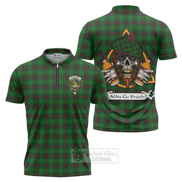 Beveridge Tartan Zipper Polo Shirt with Family Crest and Bearded Skull Holding Bottles of Whiskey Unisex - Tartan Vibes Clothing